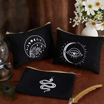 Tessco 9 Pieces Moon Witch Zipper Pouch Bag Tarot Cards Phase Bag Witch Purse Gothic Aesthetic Canvas Makeup Bags Witchy Crystals Toiletry Bags Witchcraft Snake Cosmetic Bags for Women Girls