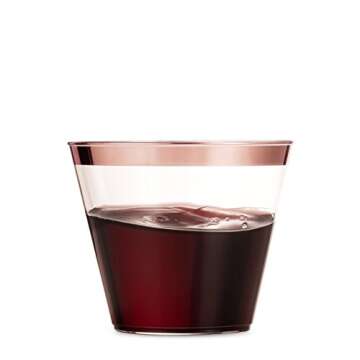 Munfix 100 Rose Gold Plastic Cups 9 Oz Clear Plastic Cups Old Fashioned Tumblers Rose Gold Rimmed Cups Fancy Disposable Wedding Cups Elegant Party Cups with Rose Gold Rim