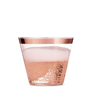 Munfix 100 Rose Gold Plastic Cups 9 Oz Clear Plastic Cups Old Fashioned Tumblers Rose Gold Rimmed Cups Fancy Disposable Wedding Cups Elegant Party Cups with Rose Gold Rim