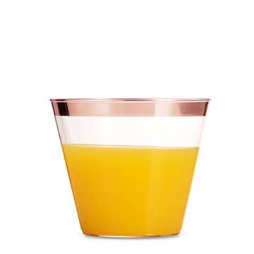 Munfix 100 Rose Gold Plastic Cups 9 Oz Clear Plastic Cups Old Fashioned Tumblers Rose Gold Rimmed Cups Fancy Disposable Wedding Cups Elegant Party Cups with Rose Gold Rim