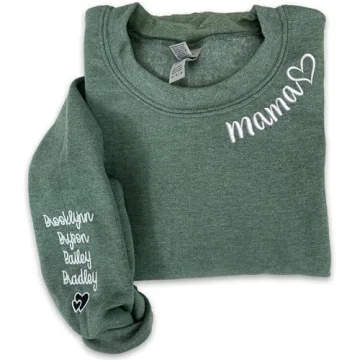 Custom Embroidered Mama Sweatshirt with Kids Name on Sleeve, Mothers Day Shirt, Gift for New Mom, Pe...