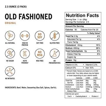 People's Choice Beef Jerky - Old Fashioned - Original - Healthy, Sugar Free, Zero Carb, Gluten Free, Keto Friendly, High Protein Meat Snack - Dry Texture - 2.5 Ounce, 1 Bag (Pack of 3)