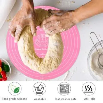 Silicone Baking Mat Cake Mat Round Silicone Baking Mat with Measurements for Cake Turntable Stand Pastry Baking Sheet, Non-Stick and Heat Resistant (Pink)