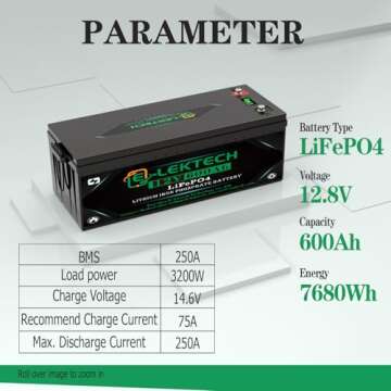 12V 600Ah LiFePO4 Lithium Battery Built-in 250A BMS, Up to 15000 Deep Cycle, Low Temperature Cut Off Lithium Battery, Perfect for RV, Solar, Marine, Camping, Off-Grid, Home Energy Storage