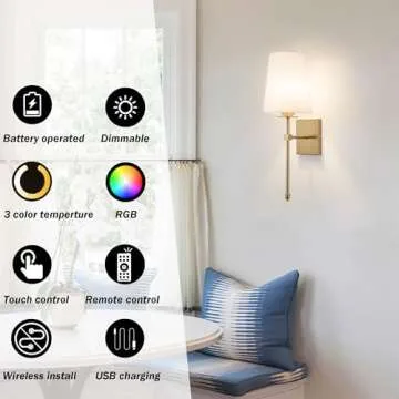 Slim Wall light Fixture Battery Operated Wall Sconce Set Of Two White Fabric Shade Wall Sconce with Remote Control, Indoor Not Hardwired Dimmable Battery Powered Wall Lamp For Bedroom, Bulb Included (