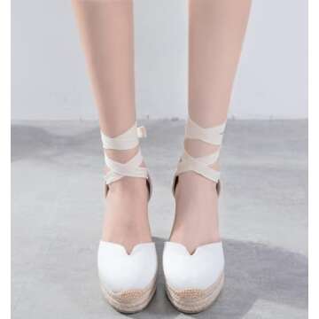 U-lite Womens Espadrille Wedge Sandals Closed Toe Platform Lace Up Ankle Strap Slingback Summer Dress Shoes White Canvas Platform-4" 5.5