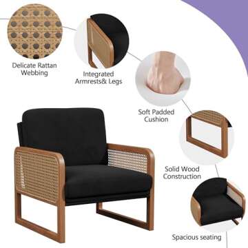 HAOBO Home Accent Chair Natural Rattan Armchair Mid Century Modern Chair Upholstered Living Room Chairs Comfy Lounge Chair for Bedroom Reading Room