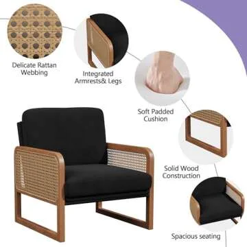 HAOBO Home Accent Chair Natural Rattan Armchair Mid Century Modern Chair Upholstered Living Room Chairs Comfy Lounge Chair for Bedroom Reading Room