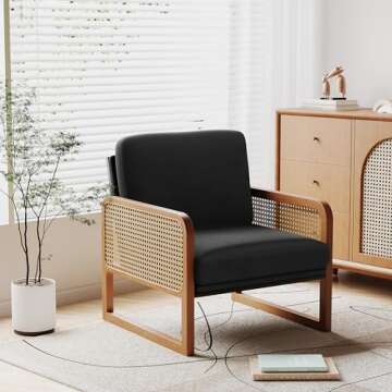 HAOBO Home Accent Chair Natural Rattan Armchair Mid Century Modern Chair Upholstered Living Room Chairs Comfy Lounge Chair for Bedroom Reading Room