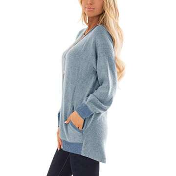 GADEWAKE Womens Casual Color Block Long Sleeve Round Neck Pocket T Shirts Blouses Sweatshirts Tops Gray Blue