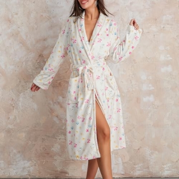 SOLILOQUY Women Christmas Fleece Robe Floral Print Warm
