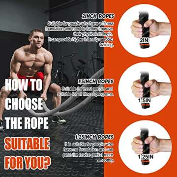 Perantlb Battle Rope with cloth sleeve -1.5/2 Inch Diameter 30' 40' 50' Lengths -Gym Muscle Toning Metabolic Workout Fitness, battle rope Anchor Strap Kit Included (1.5" x 40 ft Length)