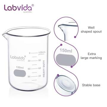 Labvida 12pcs 150ml Upgrated Thick Glass Beakers, Griffin Low Form Beaker Set with Double Scale, 3.3 Boro, LVA007