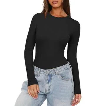 Darong Long Sleeve Bodysuit for Women Crew Neck Basic Women Clothing Body Suit Tops Leotards for Womens 9073 Black S
