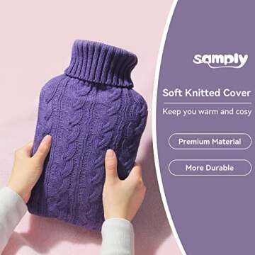 samply Hot Water Bottle with Knitted Cover, 2L Hot Water Bag for Hot and Cold Compress, Hand Feet Warmer, Ideal for Menstrual Cramps, Neck and Shoulder Pain Relief, Purple