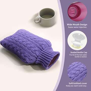 samply Hot Water Bottle with Knitted Cover, 2L Hot Water Bag for Hot and Cold Compress, Hand Feet Warmer, Ideal for Menstrual Cramps, Neck and Shoulder Pain Relief, Purple