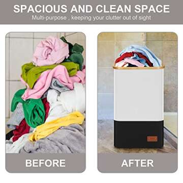 DOFASAYI Laundry Basket, Double Laundry Hamper, Pull-Out and Removable Laundry Bags, Metal Frame, Oxford Fabric, Wooden Shelf, 2 x 50L, 29 x 13.8 x 29.13 Inches, Black