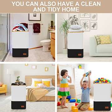 DOFASAYI Laundry Basket, Double Laundry Hamper, Pull-Out and Removable Laundry Bags, Metal Frame, Oxford Fabric, Wooden Shelf, 2 x 50L, 29 x 13.8 x 29.13 Inches, Black