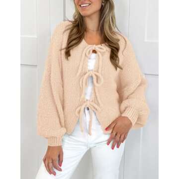 PRETTYGARDEN Women's Tie Front Bow Cardigan Sweaters Chunky Knit Long Puff Sleeve Trendy Fall Winter Jacket Coats