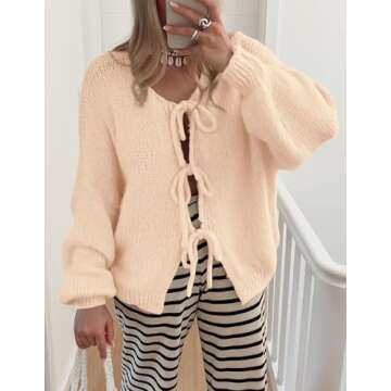 PRETTYGARDEN Women's Tie Front Bow Cardigan Sweaters Chunky Knit Long Puff Sleeve Trendy Fall Winter Jacket Coats