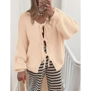 PRETTYGARDEN Women's Tie Front Bow Cardigan Sweaters Chunky Knit Long Puff Sleeve Trendy Fall Winter Jacket Coats