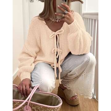 PRETTYGARDEN Women's Tie Front Bow Cardigan Sweaters Chunky Knit Long Puff Sleeve Trendy Fall Winter Jacket Coats