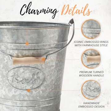 Autumn Alley Rustic Farmhouse Bathroom Trash Can - Country Style Galvanized Trash Can Bucket with Wooden Handle for Rustic Bathroom, Bedroom, Kitchen, Office, Vintage Metal Wastebasket