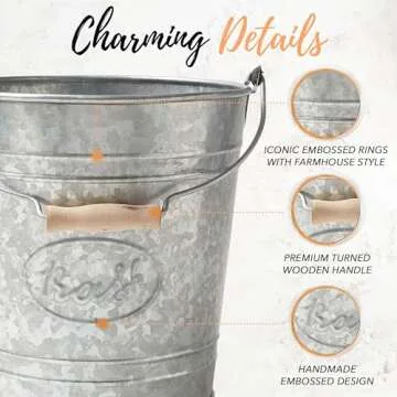 Autumn Alley Rustic Farmhouse Bathroom Trash Can - Country Style Galvanized Trash Can Bucket with Wooden Handle for Rustic Bathroom, Bedroom, Kitchen, Office, Vintage Metal Wastebasket