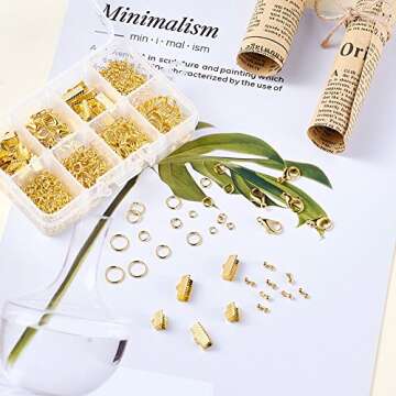 KISSITTY 1Box Jewelry Making Kit 8 Styles with Lobster Claw Clasps Ribbon Ends Jump Rings Drop End Pieces for DIY Jewrlry Making Golden