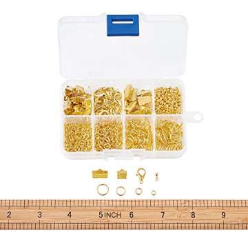 KISSITTY 1Box Jewelry Making Kit 8 Styles with Lobster Claw Clasps Ribbon Ends Jump Rings Drop End Pieces for DIY Jewrlry Making Golden
