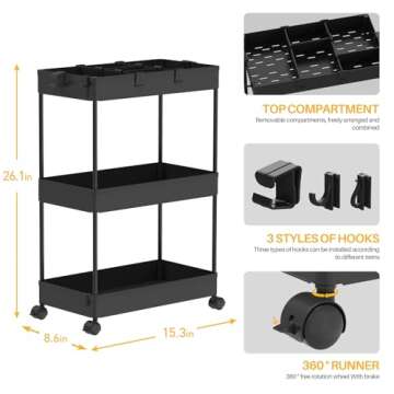 SPACELEAD 3 Tier Rolling Cart: Versatile Storage Organizer with Wheels