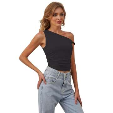 MISSACTIVER Women’s Off Shoulder Ruched Crop Tank Tops One Shoulder Twist Strap Crop Tops Summer Going Out Top Crop Shirts Black