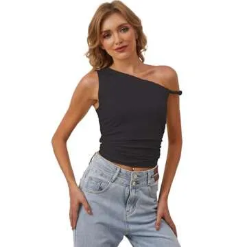 MISSACTIVER Women’s Off Shoulder Ruched Crop Tank Tops One Shoulder Twist Strap Crop Tops Summer Going Out Top Crop Shirts Black
