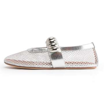 DREAMCIA Mesh Ballet Flats Rhinestone Buckle Strap Embellished Ballerina Shoes Fishnet Mary Jane Fla...