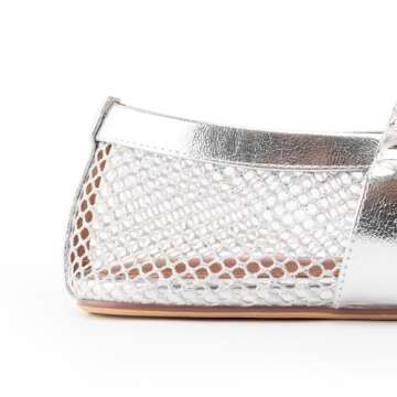 DREAMCIA Mesh Ballet Flats Rhinestone Buckle Strap Embellished Ballerina Shoes Fishnet Mary Jane Flats Metallic Gem Slip-on Round Toe for Women Comfy Casual Office Daily Shoes Silver 6