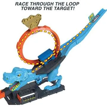 Hot Wheels City Toy Car Track Set, T-Rex Chomp Down with 1:64 Scale Vehicle, Knock Out The Giant Dinosaur with Stunts, Connects to Other Sets
