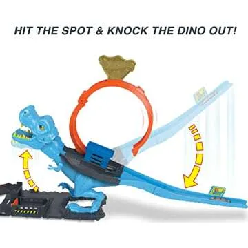 Hot Wheels City Toy Car Track Set, T-Rex Chomp Down with 1:64 Scale Vehicle, Knock Out The Giant Dinosaur with Stunts, Connects to Other Sets