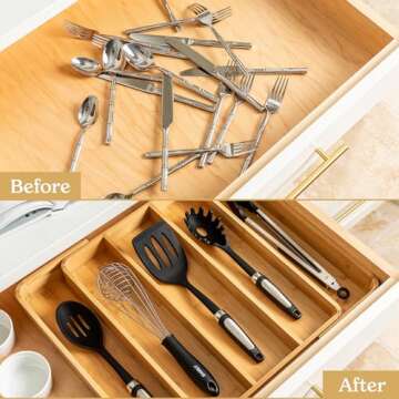 SMIRLY Silverware Drawer Organizer – Bamboo Kitchen Drawer Organizer, Adjustable Utensil Holder and Cutlery Tray, Drawer Dividers for Flatware and Kitchen Utensils
