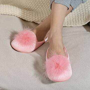 GRITHEIM Women's Fuzzy Pom Pom Feather Velvet House Slippers Sexy Cozy Bedroom Slippers for Ladies N...