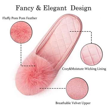 GRITHEIM Women's Fuzzy Pom Pom Feather Velvet House Slippers Sexy Cozy Bedroom Slippers for Ladies Non-slip Sole Indoor Outdoor Pink 7-8