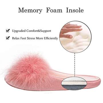 GRITHEIM Women's Fuzzy Pom Pom Feather Velvet House Slippers Sexy Cozy Bedroom Slippers for Ladies Non-slip Sole Indoor Outdoor Pink 7-8