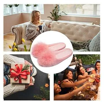 GRITHEIM Women's Fuzzy Pom Pom Feather Velvet House Slippers Sexy Cozy Bedroom Slippers for Ladies Non-slip Sole Indoor Outdoor Pink 7-8