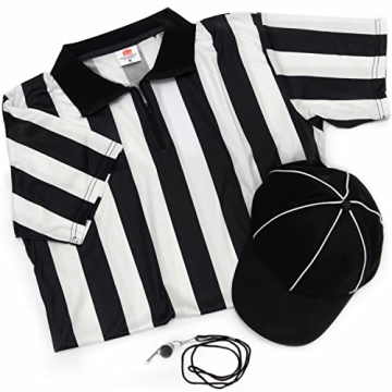 Women's Referee Necessities Bundle - Black & White Striped Referee Jersey, Umpire Hat, and Stainless...