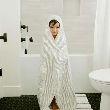 Little Unicorn Premium Hooded Bath Towel| Absorbent Cotton & Terry Blend | Larger Size, 1-6 Years (Grey Stripe)