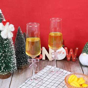 MAKERSLAND 8oz Champagne Glasses Set of 2, Lead-Free Ultra-Clear Crystal Flutes with Reinforced Stems and Romantic Pink Bow for Weddings, Engagements, and Special Occasions