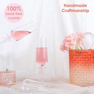 MAKERSLAND 8oz Champagne Glasses Set of 2, Lead-Free Ultra-Clear Crystal Flutes with Reinforced Stems and Romantic Pink Bow for Weddings, Engagements, and Special Occasions