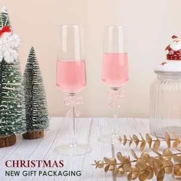 MAKERSLAND 8oz Champagne Glasses Set of 2, Lead-Free Ultra-Clear Crystal Flutes with Reinforced Stems and Romantic Pink Bow for Weddings, Engagements, and Special Occasions