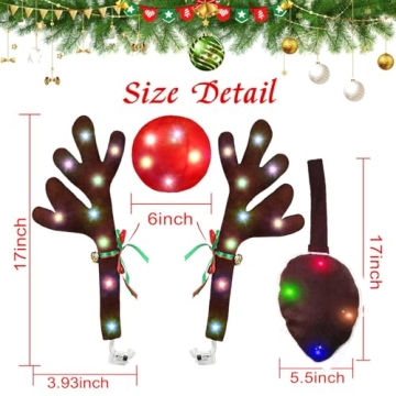 GlACBIUG Reindeer Antlers for Cars – LED 2025 Christmas Car Decorations Kit with Jingle Bells, Nos...