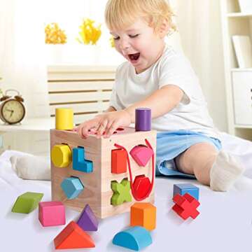 BESTAMTOY Shape Sorter Toy My First Wooden 12 Building Blocks Geometry Learning Matching Sorting Gif...
