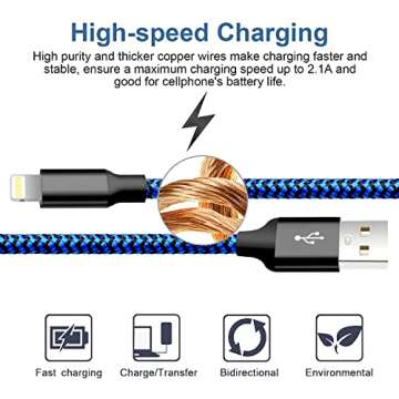 cugunu iPhone Charger, 5 Pack 3/3/6/6/10FT Apple MFi Certified USB Lightning Cable Nylon Braided Fast Charging Cord Compatible for iPhone 14/13/12/11/X/Max/8/7/6/5/SE/Plus/iPad - Black Blue